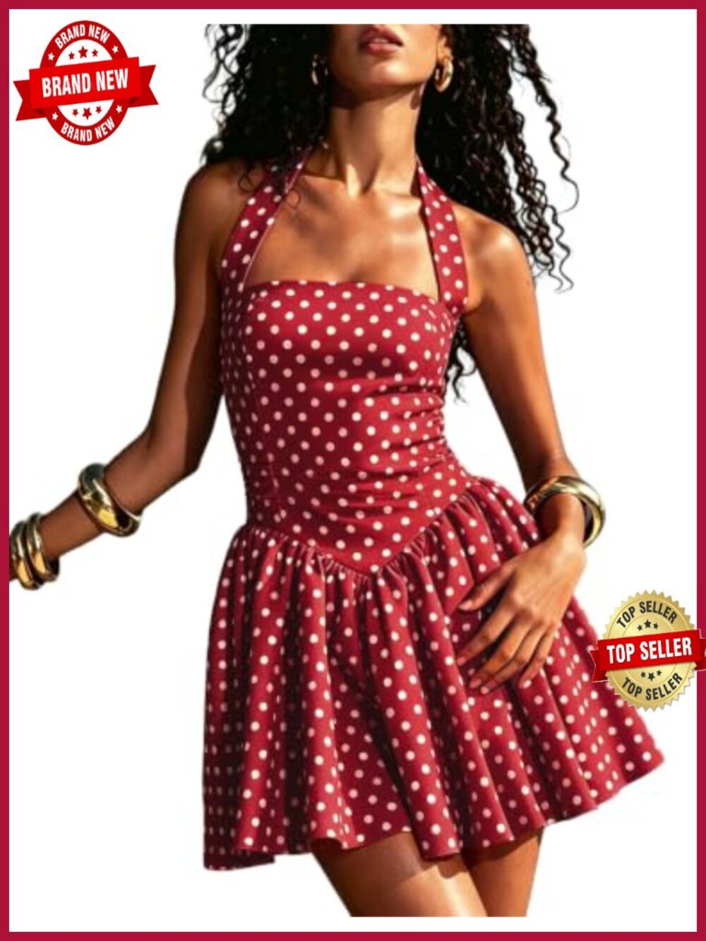 Polka Dot Halter Mini Dress Sleeveless Fit & Flare Smocked Back Summer